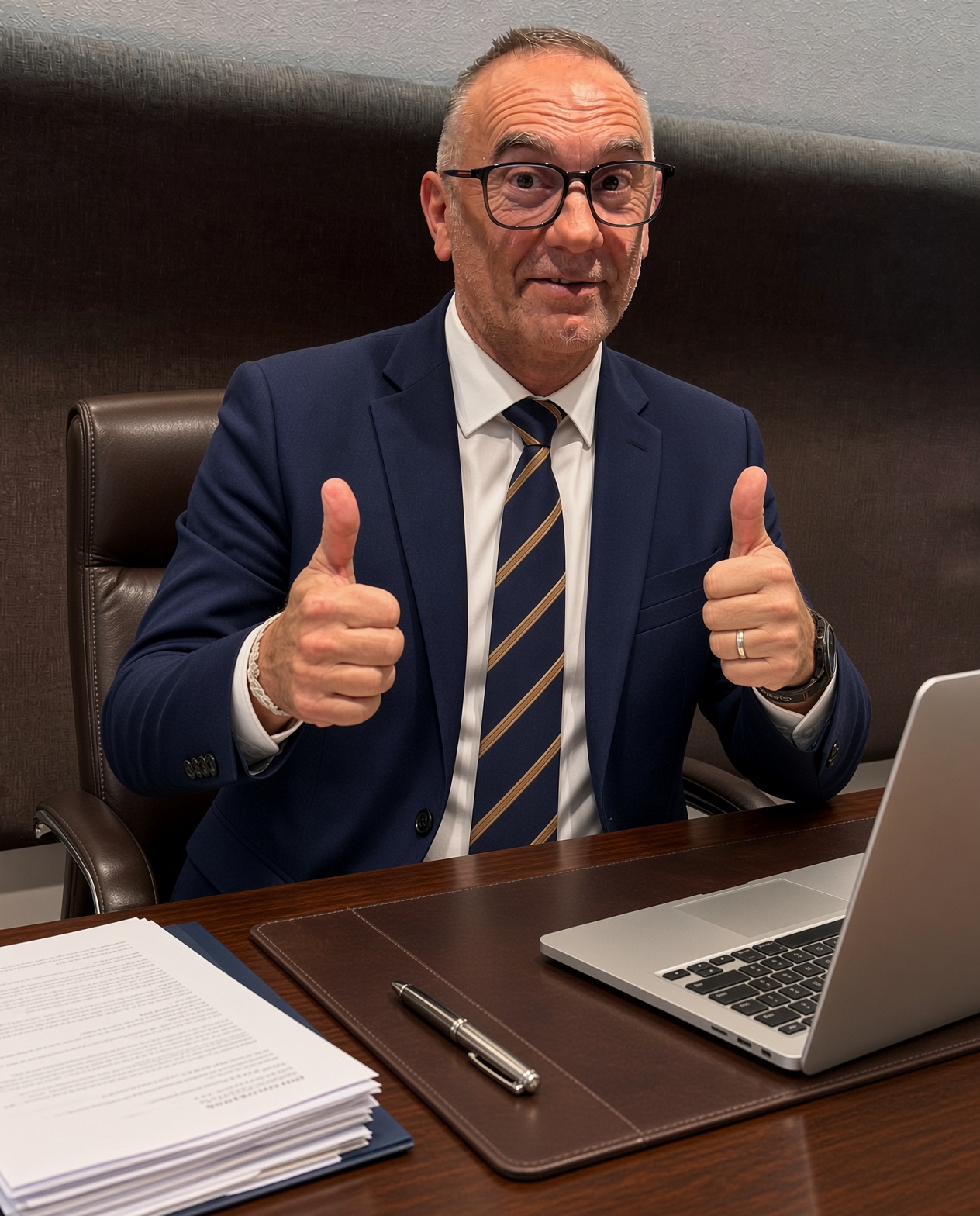 David Robert Harrison in a business office giving a double thumbs-up